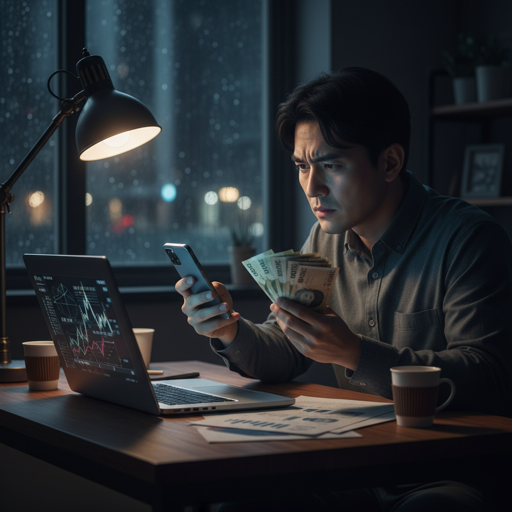 30대 남성이 병원비 영수증을 보며 걱정하는 모습, 30대실비보험의 필요성을 강조