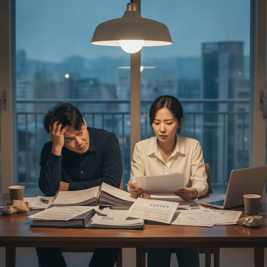 30대자동차보험료 서류를 보며 고민하는 30대 부부 30대자동차보험료 서류를 보며 고민하는 30대 부부