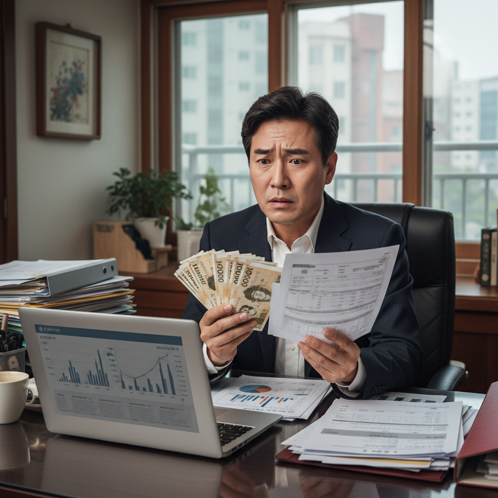 암 진단 후 의료비와 보험 서류를 보며 걱정하는 사람