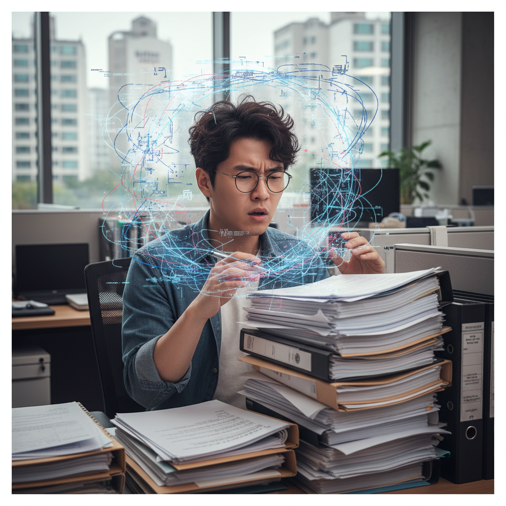 어지러운 보험 서류를 들고 당황한 표정의 사람, 가입보험확인 필요성 어지러운 보험 서류를 들고 당황한 표정의 사람, 가입보험확인 필요성
