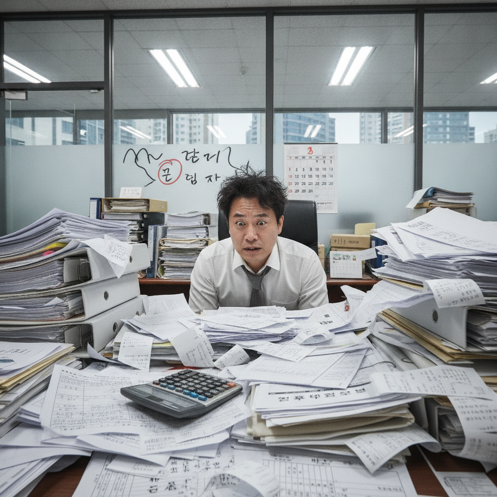 연말정산 세금 서류에 둘러싸여 고민하는 직장인의 모습