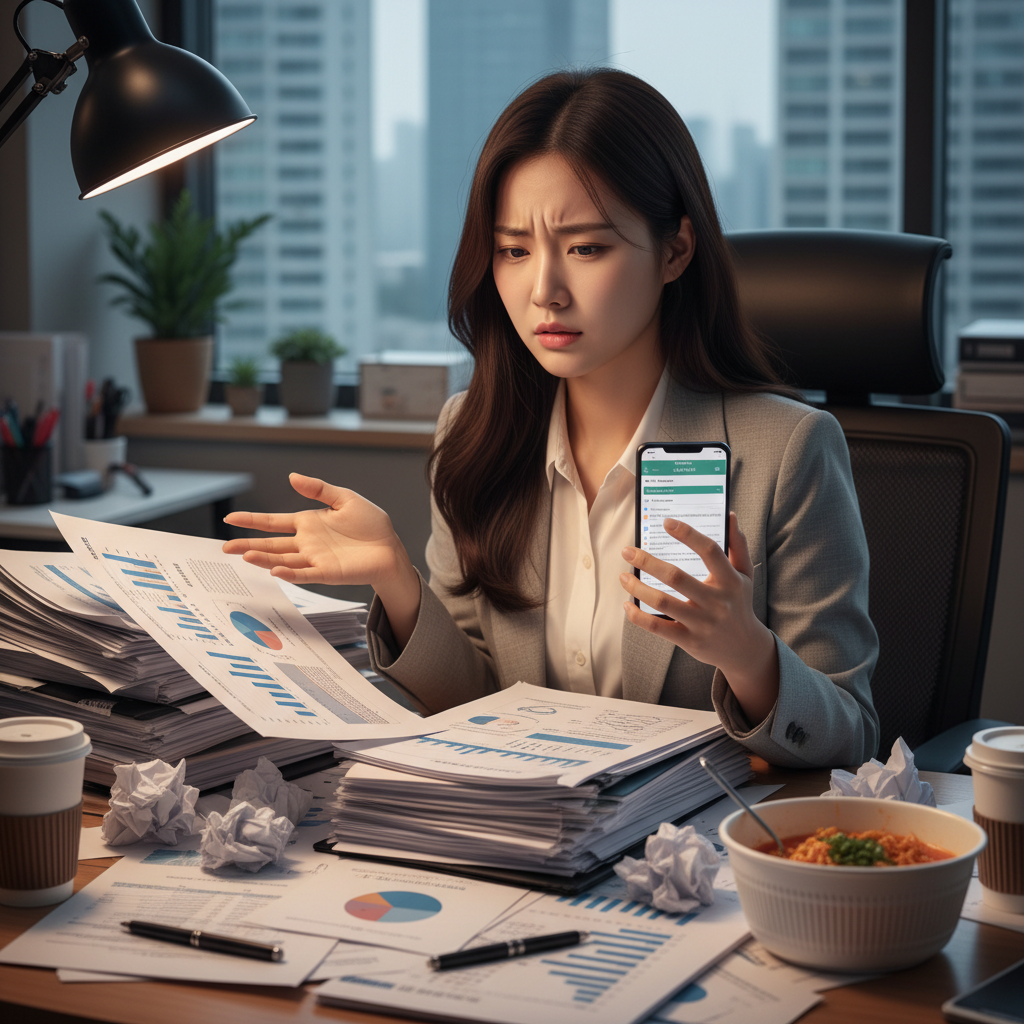 수많은 서류 앞에서 실손보험금청구를 고민하는 사람의 모습 수많은 서류 앞에서 실손보험금청구를 고민하는 사람의 모습