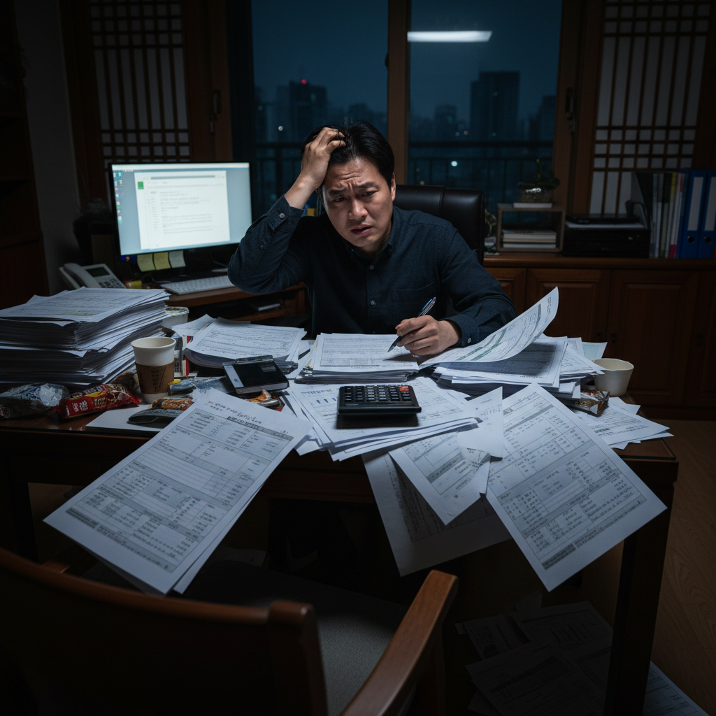 종합소득세 신고를 앞두고 복잡한 서류에 둘러싸여 고민하는 모습 종합소득세 신고를 앞두고 복잡한 서류에 둘러싸여 고민하는 모습