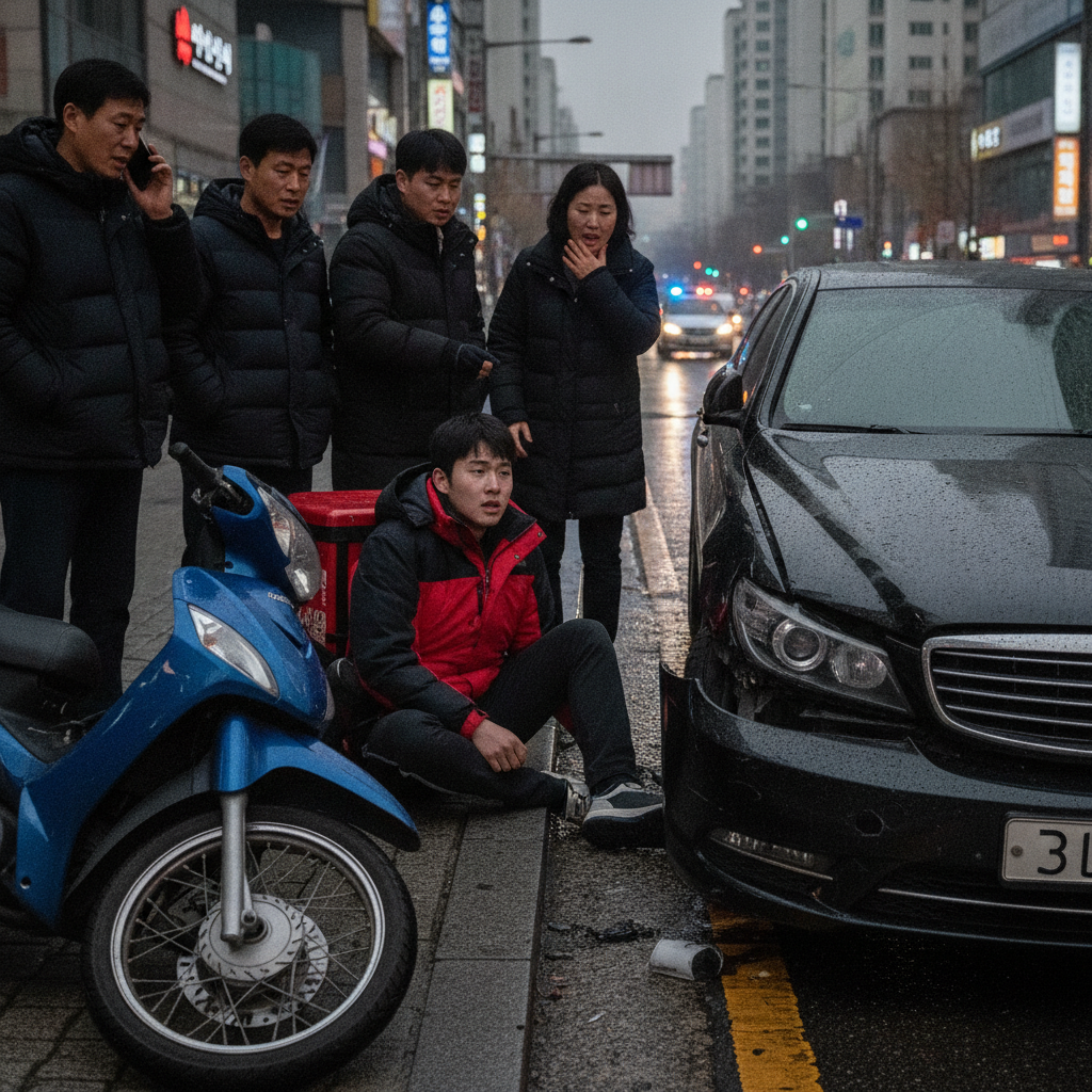 사고 현장에서 걱정하는 배달 라이더의 모습, 자동차유상운송보험 필요성 강조 사고 현장에서 걱정하는 배달 라이더의 모습, 자동차유상운송보험 필요성 강조