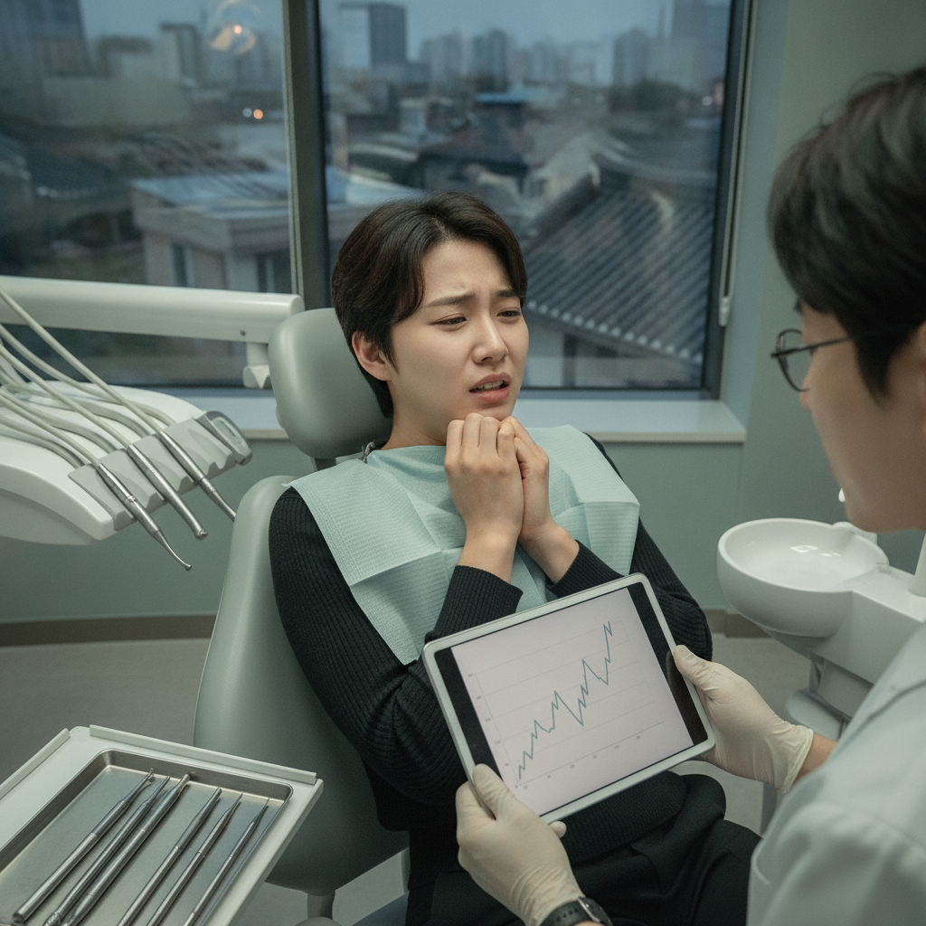 치과 치료 비용 걱정하는 사람의 모습