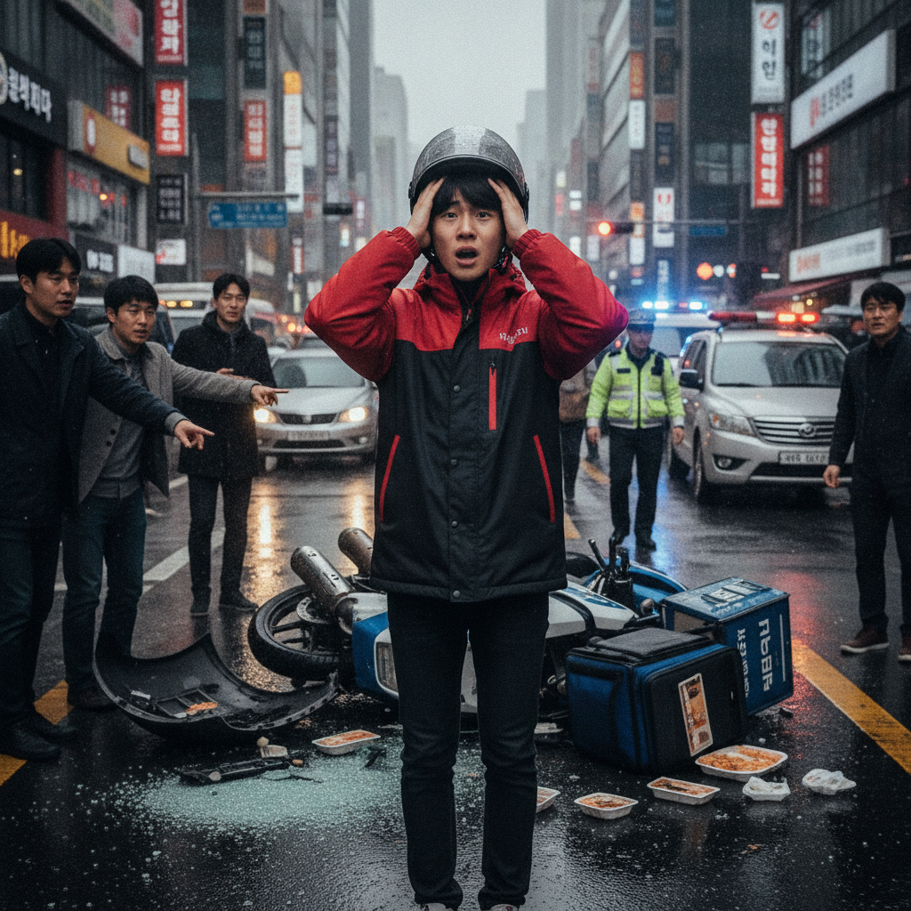 사고 발생 후 걱정하는 배달 라이더
