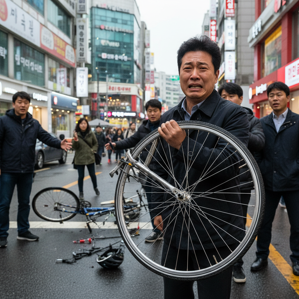 자전거 사고로 인해 파손된 자전거와 당황한 사람의 모습 자전거 사고로 인해 파손된 자전거와 당황한 사람의 모습