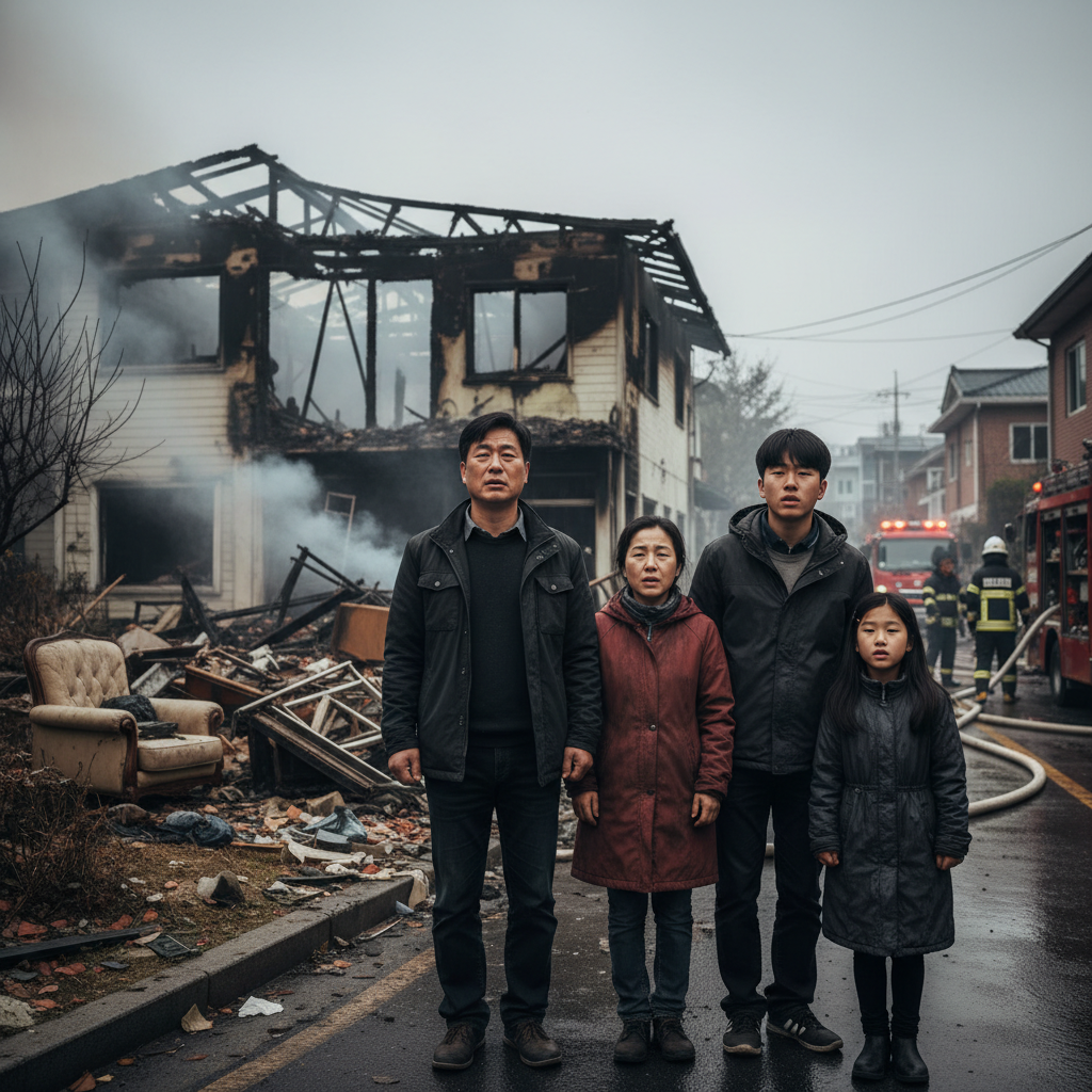 화재로 인해 손상된 주택을 걱정스럽게 바라보는 가족의 모습
