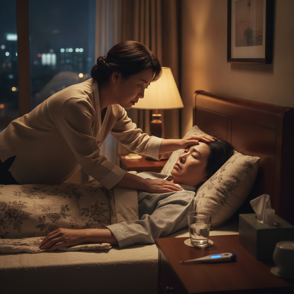 열이 나는 아이의 이마를 짚어보는 엄마, 어린이독감보험 열이 나는 아이의 이마를 짚어보는 엄마, 어린이독감보험