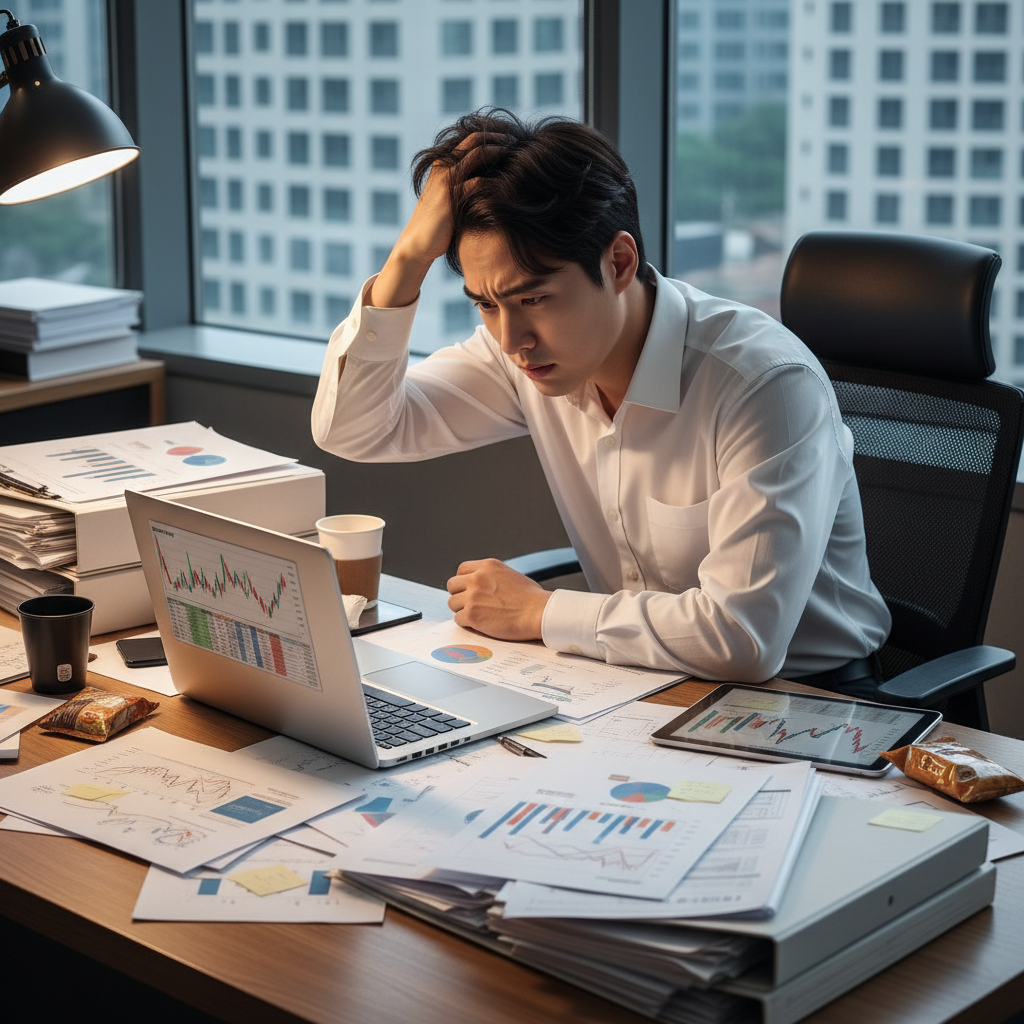 비갱신암보험가입순위를 고민하며 복잡한 서류를 보는 사람