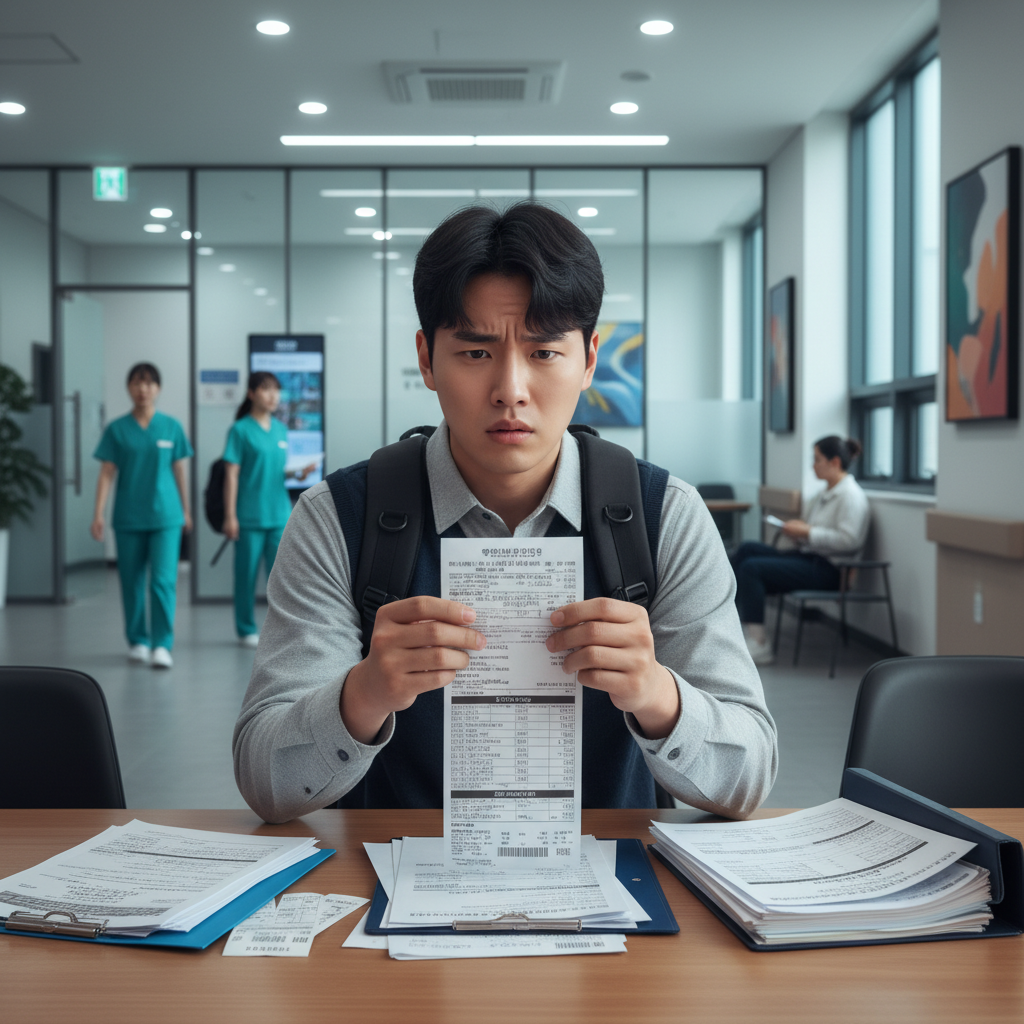 미국 교환학생이 높은 의료비 청구서를 들고 당황하는 모습, 미국교환학생보험의 필요성을 강조