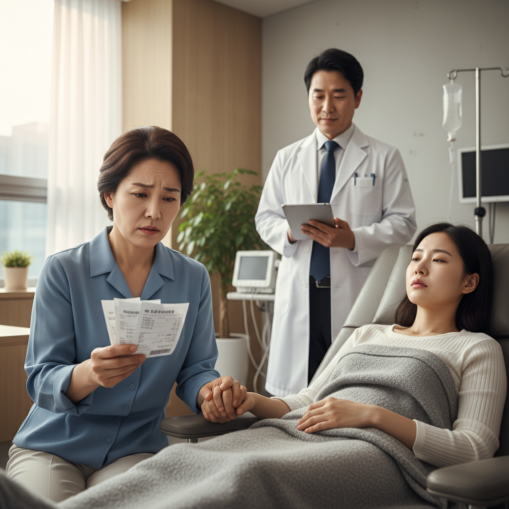 병원 진료를 받는 아픈 아이와 걱정하는 부모의 어린이보험 문제 상황