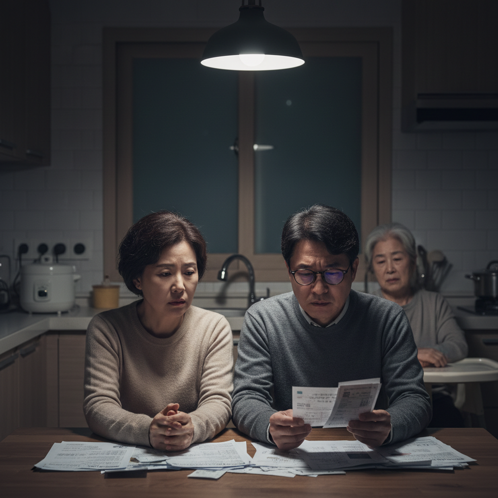 어려운 재정 상황에 걱정하는 부부와 아기