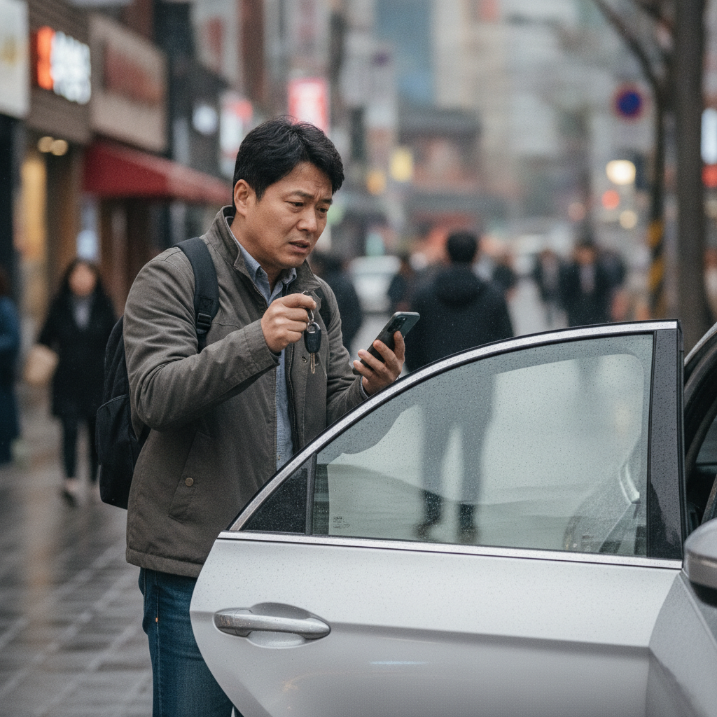 갑자기 친구 차를 운전해야 할 때 보험 때문에 고민하는 모습 갑자기 친구 차를 운전해야 할 때 보험 때문에 고민하는 모습