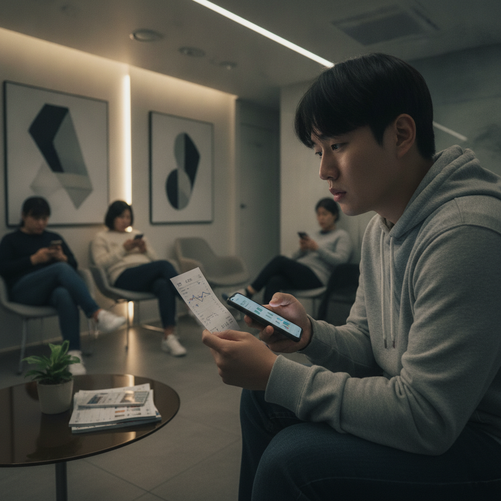 치과 치료비 영수증을 보고 고민하는 사람