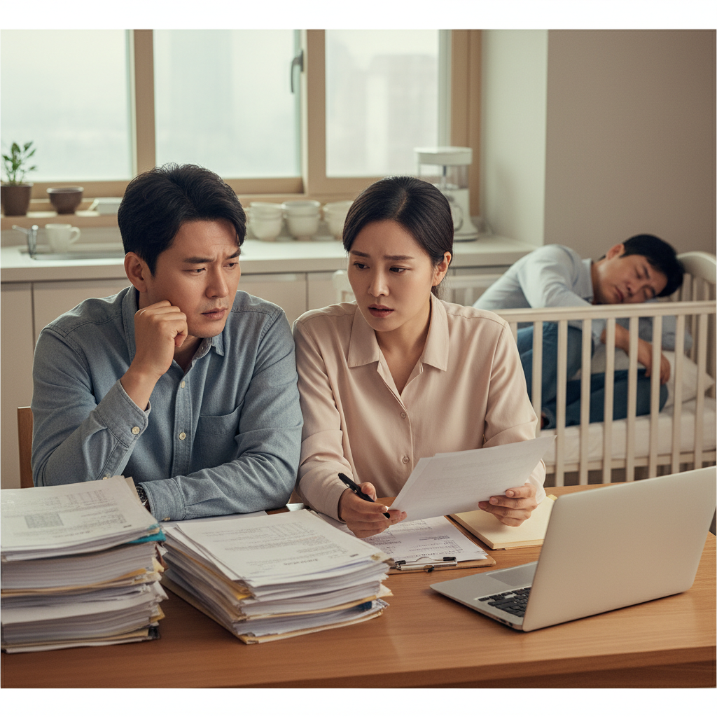 걱정스럽게 비갱신어린이보험추천 자료를 살펴보는 부부와 잠든 아기
