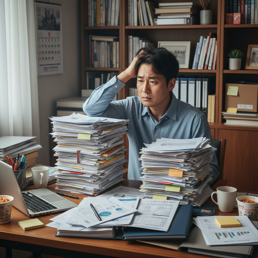 수많은 개인보험 서류를 보고 혼란스러워하는 사람