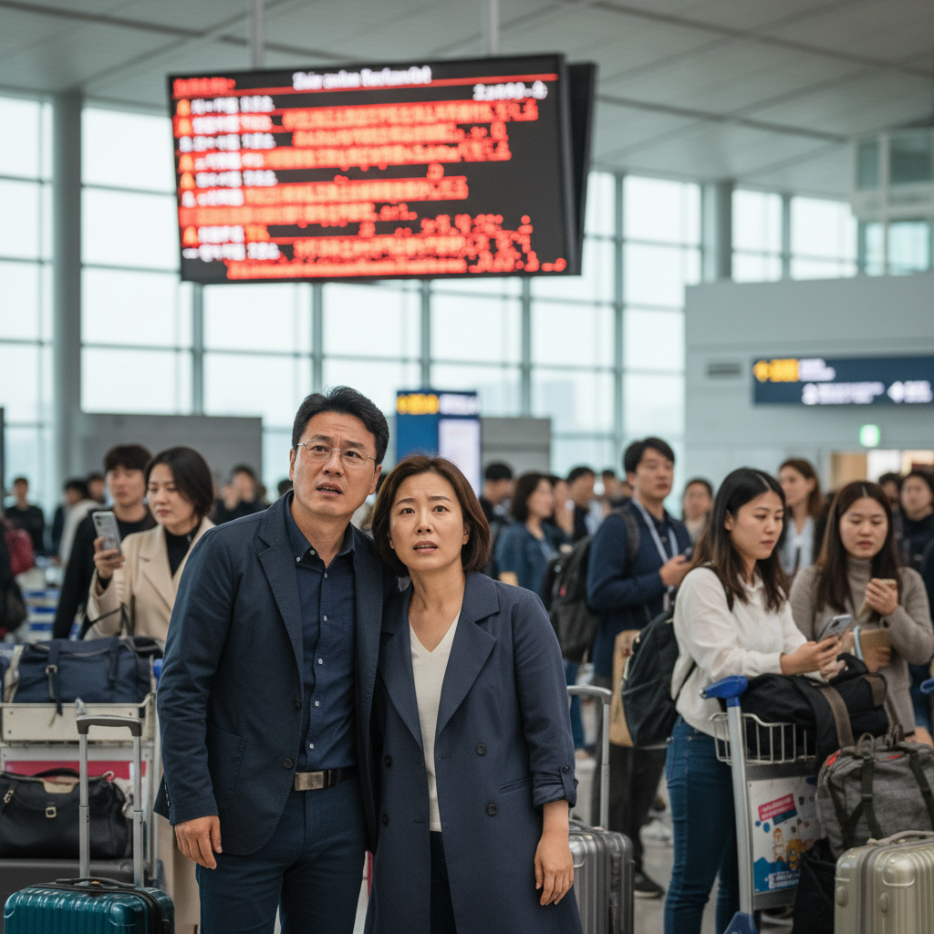 비행기 지연 소식에 당황하는 여행객
