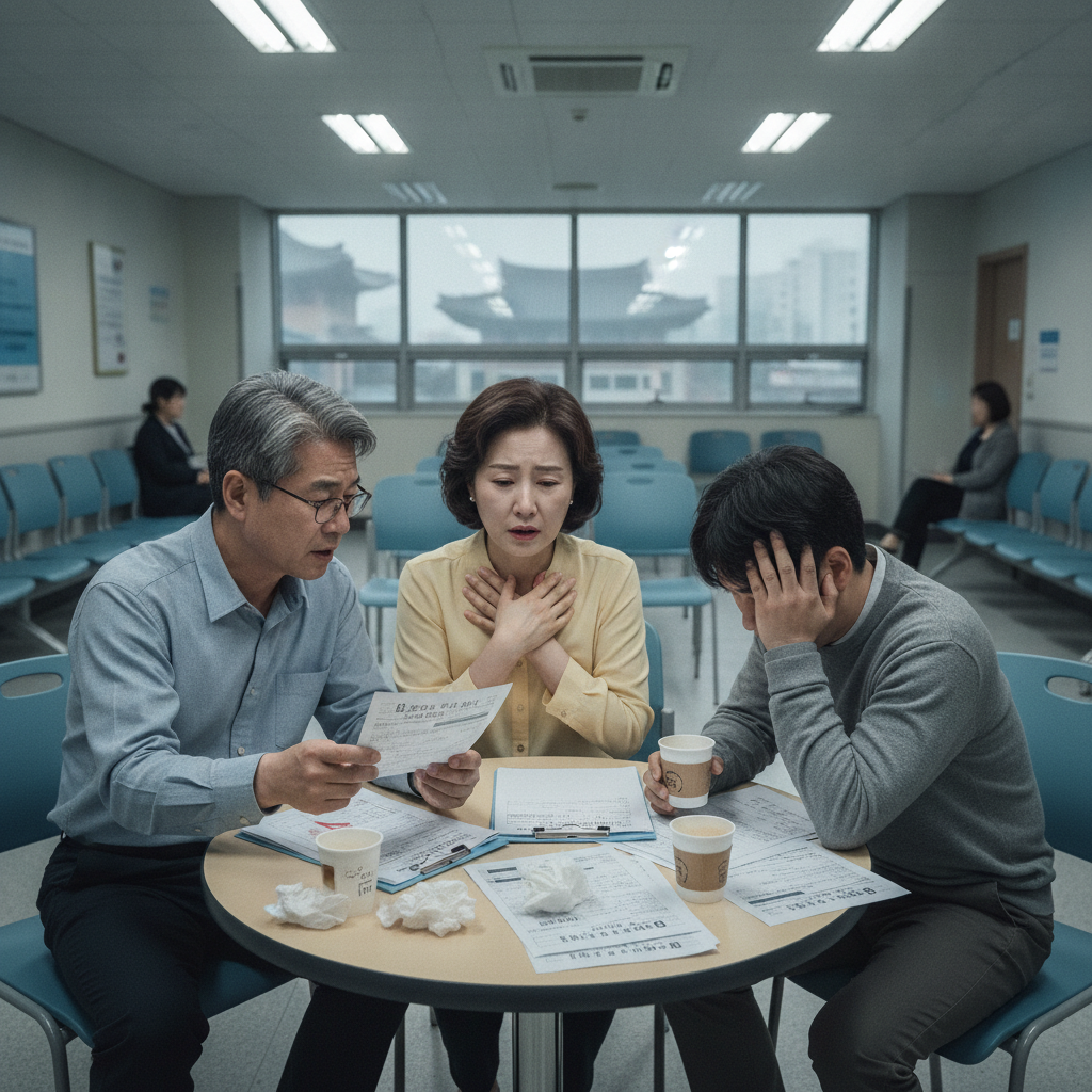 병원 대기실에서 의료비 걱정하는 가족의 모습, 3대질환보험 필요성 병원 대기실에서 의료비 걱정하는 가족의 모습, 3대질환보험 필요성
