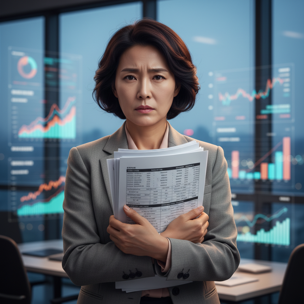 복잡한 건강보험 서류를 들고 걱정하는 중년 여성, 355보험 가입 고민
