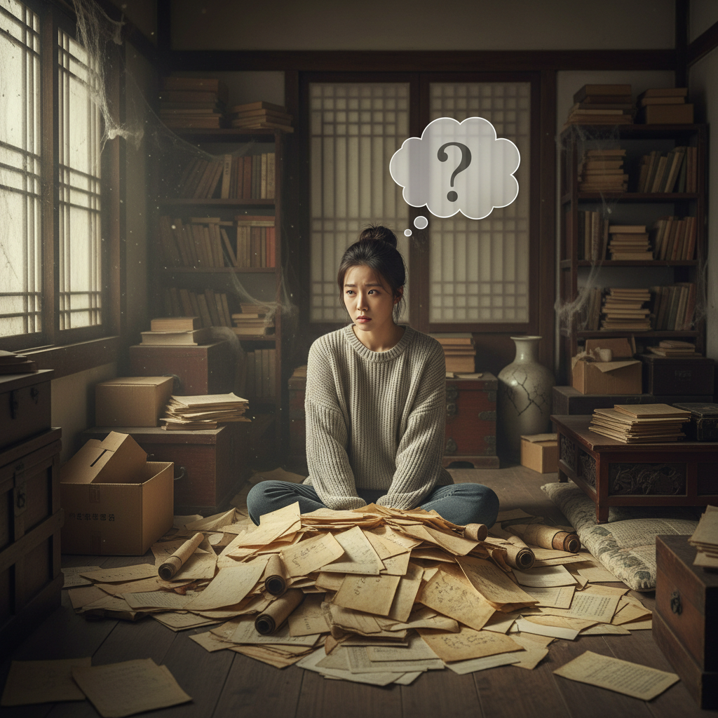 오래된 서류 더미 속에서 휴면보험을 찾는 사람
