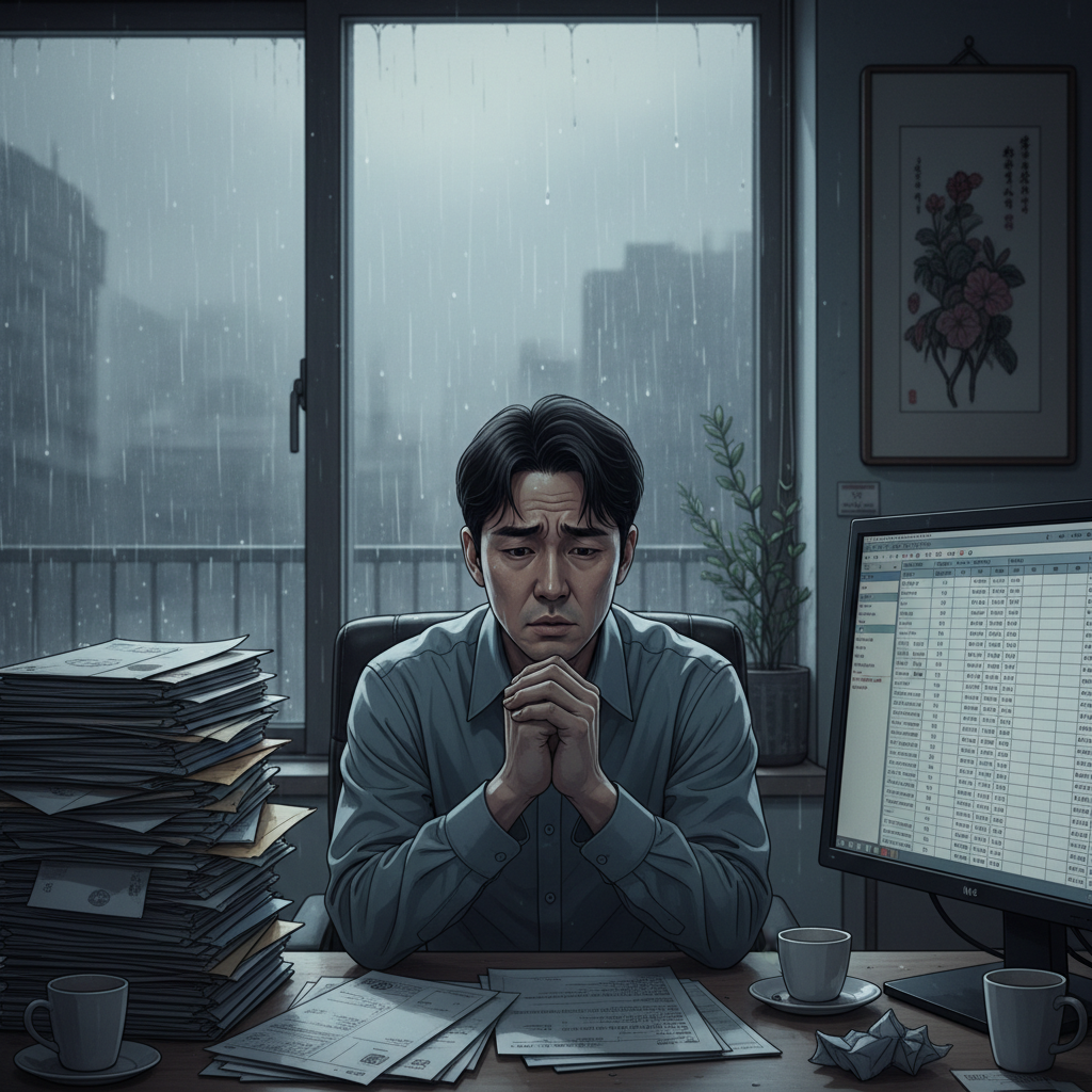 복잡한 자동차보험연장 서류를 보며 고민하는 사람