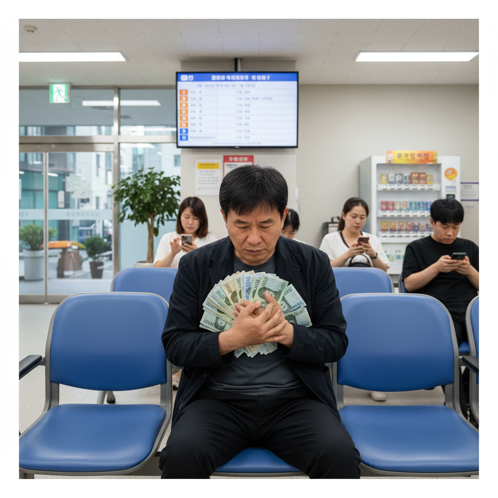 병원비 영수증을 보고 걱정하는 사람의 모습, 실비가입조건 고민 병원비 영수증을 보고 걱정하는 사람의 모습, 실비가입조건 고민