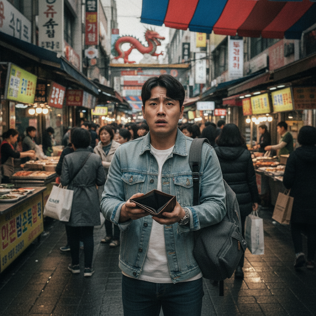 여행 중 소지품을 분실하여 당황하는 모습