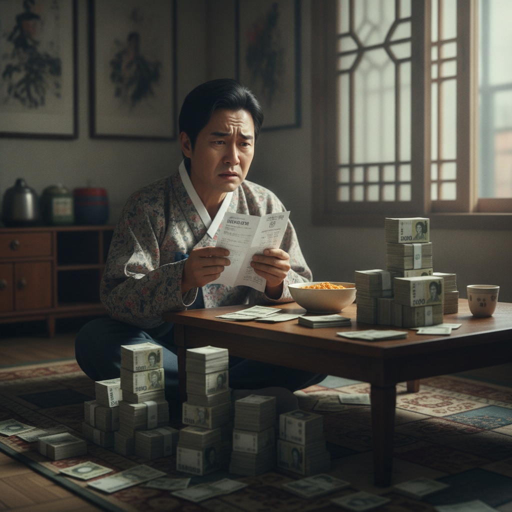 병원비 영수증을 보고 걱정하는 사람의 모습