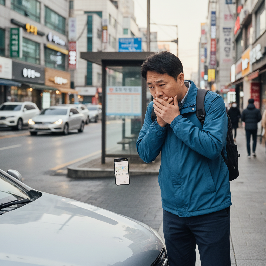 운전 중 사고로 당황하는 운전자와 일일운전자보험가격 검색 이미지