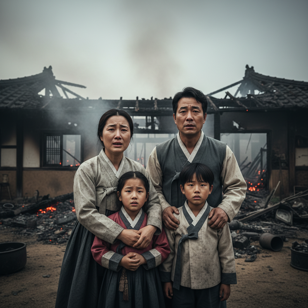화재 피해로 망연자실한 가족의 모습 화재 피해로 망연자실한 가족의 모습