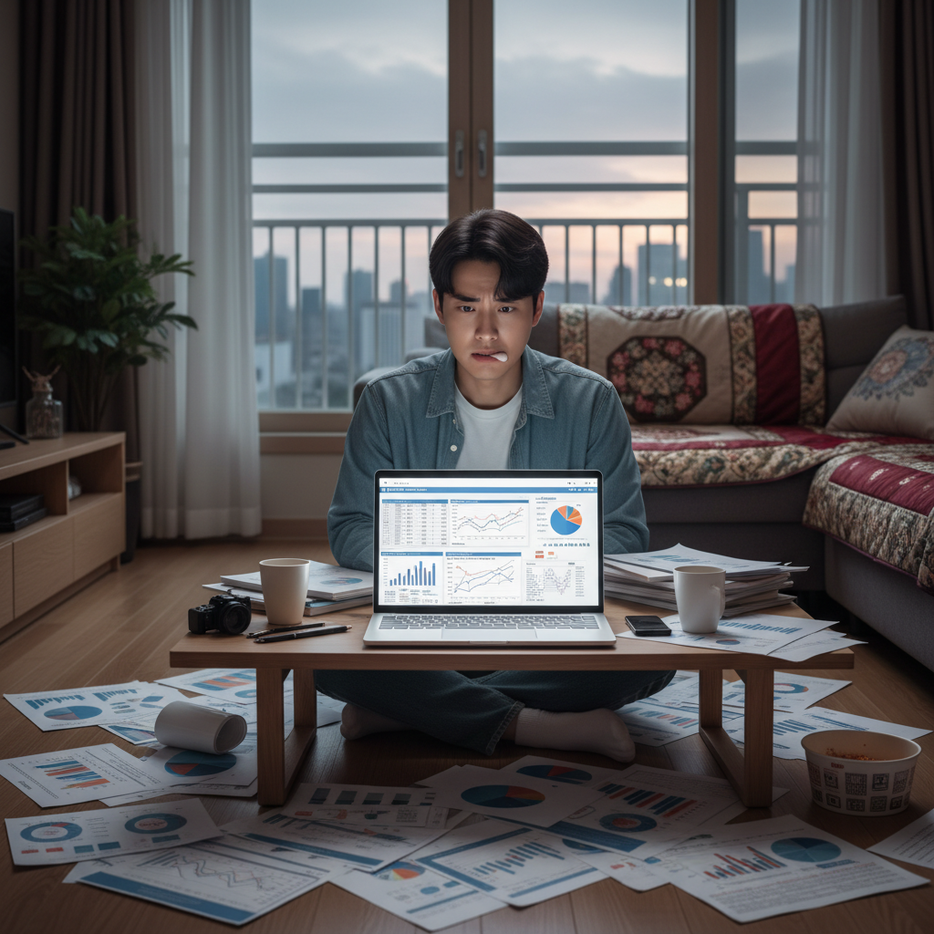 보험 서류와 차트를 보며 복잡해하는 사람 보험 서류와 차트를 보며 복잡해하는 사람