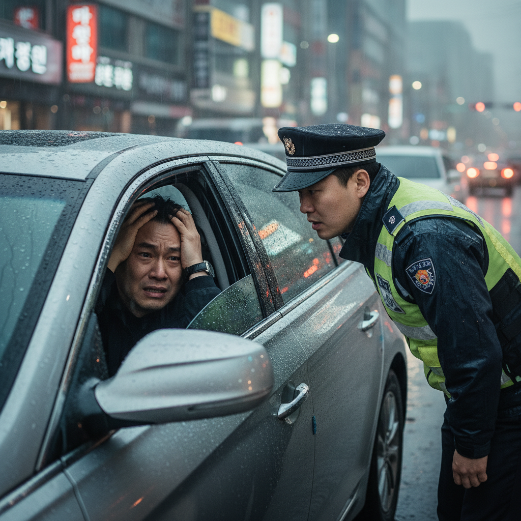 교통사고 후 스트레스 받는 운전자와 경찰관의 모습, 자동차보험운전자보험의 필요성 교통사고 후 스트레스 받는 운전자와 경찰관의 모습, 자동차보험운전자보험의 필요성