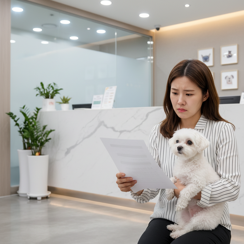 반려동물 병원비 청구서를 보며 걱정하는 보호자 이미지