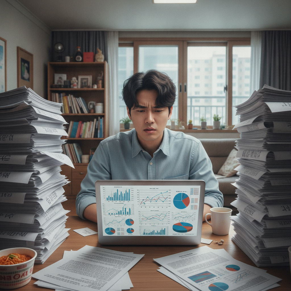 보험 서류를 보고 당황하는 청년의 모습