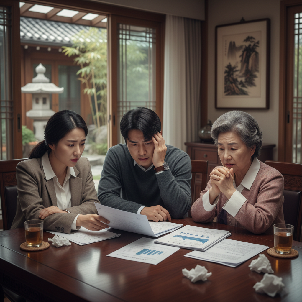 장기요양시설 선택에 대해 고민하는 가족의 모습