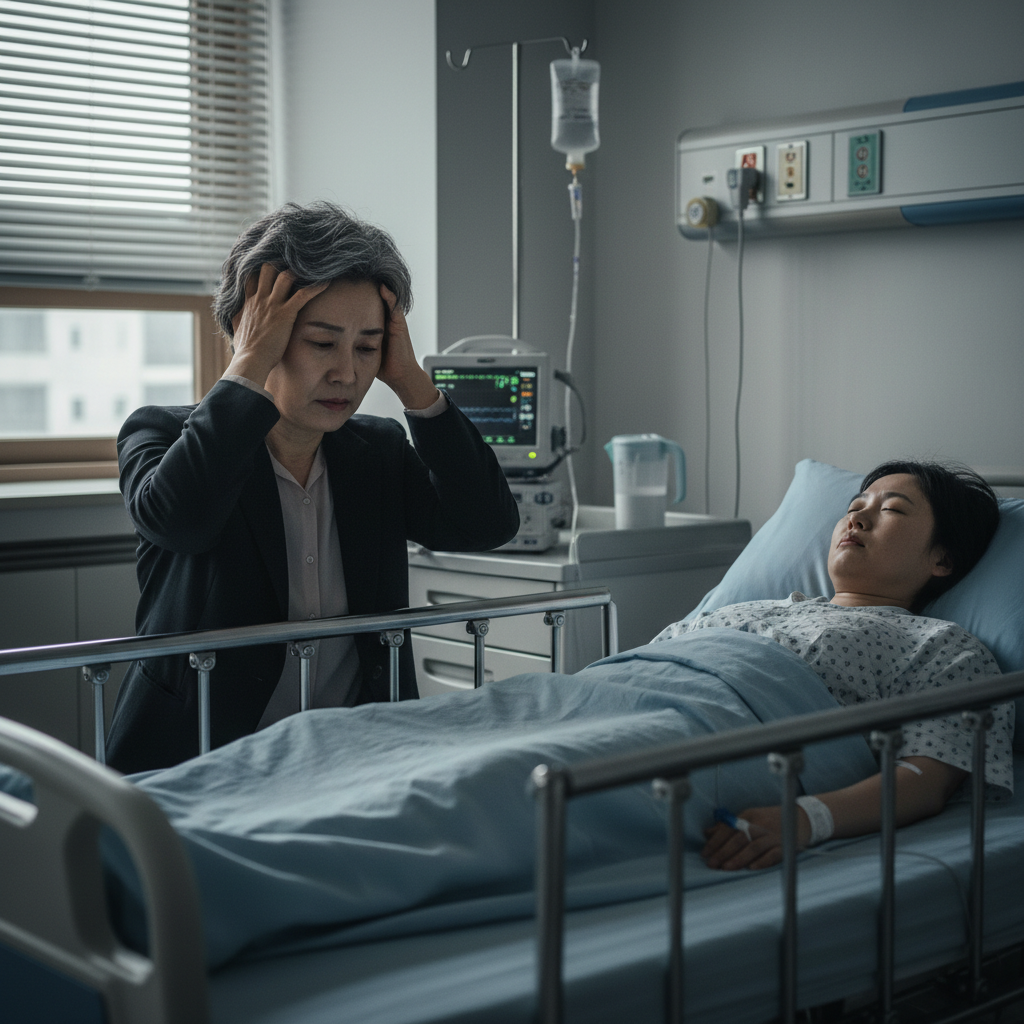 아픈 아이 옆에서 걱정하는 엄마, 아이간병인보험의 필요성