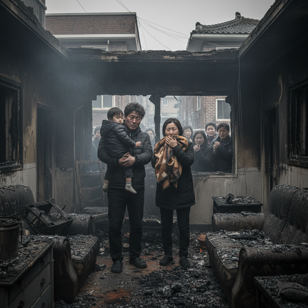 화재로 인해 손상된 주택과 걱정하는 가족의 모습, 가족화재벌금 대비의 필요성 화재로 인해 손상된 주택과 걱정하는 가족의 모습, 가족화재벌금 대비의 필요성