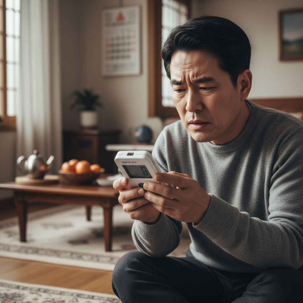 당뇨 수치 확인하며 걱정하는 중년 남성, 당뇨보험의 필요성 당뇨 수치 확인하며 걱정하는 중년 남성, 당뇨보험의 필요성