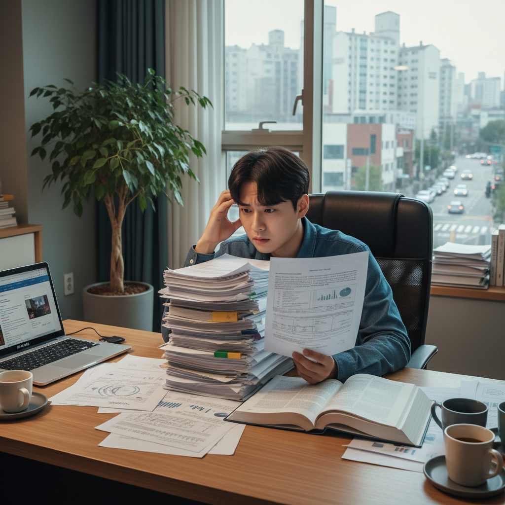 복잡한 임플란트보험 서류를 보고 고민하는 사람