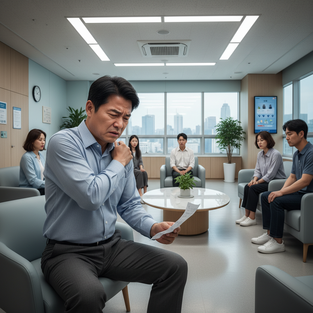 어깨 통증으로 고통받으며 체외충격파치료보험을 고민하는 사람 어깨 통증으로 고통받으며 체외충격파치료보험을 고민하는 사람