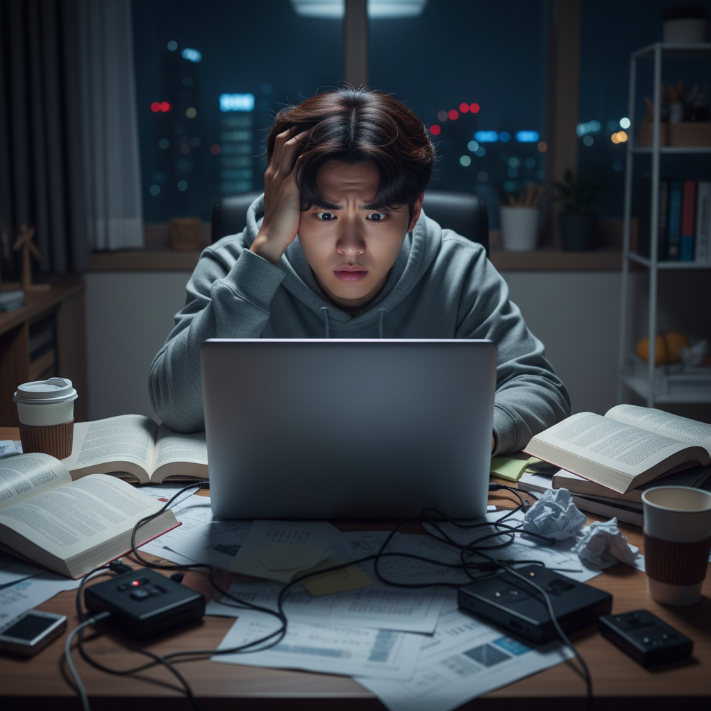 자동차보험 서류를 보며 혼란스러워하는 한국인