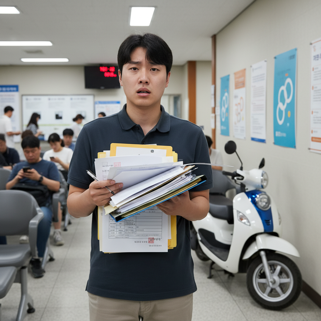 이륜차등록 서류를 들고 혼란스러워하는 사람, 이륜차등록의 복잡함 이륜차등록 서류를 들고 혼란스러워하는 사람, 이륜차등록의 복잡함