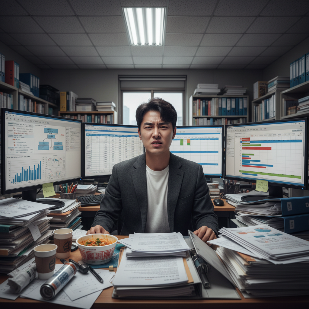 수많은 암보험 서류 앞에서 고민하는 사람의 모습