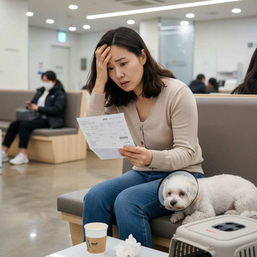 높은 반려동물 의료비 청구서를 보며 걱정하는 보호자