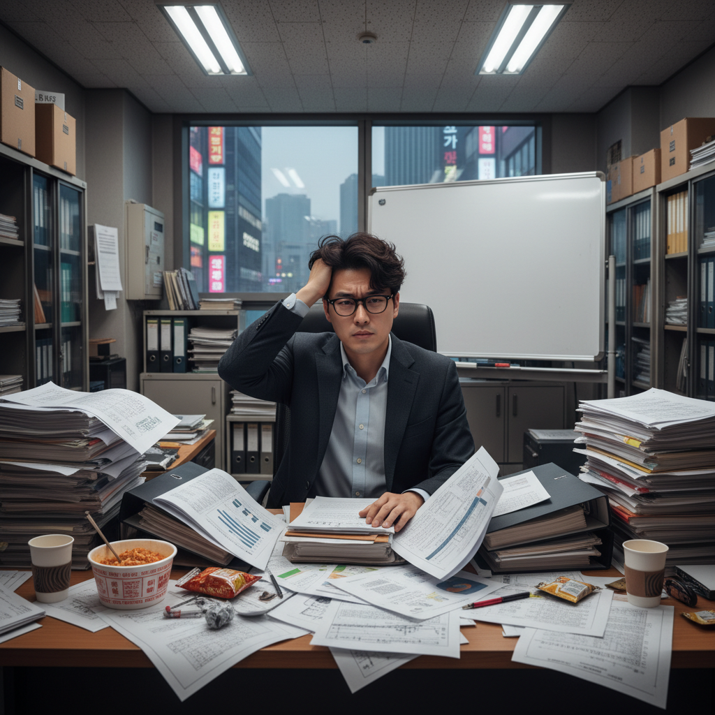 복잡한 서류에 둘러싸여 암보험다이렉트비교의 어려움을 느끼는 사람 복잡한 서류에 둘러싸여 암보험다이렉트비교의 어려움을 느끼는 사람