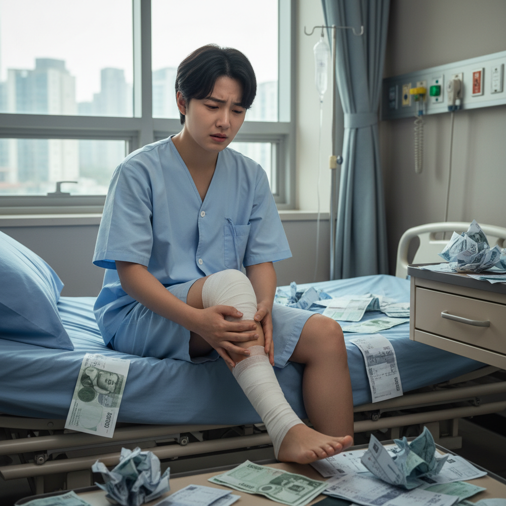 상해 후 재활치료비 걱정으로 힘들어하는 사람의 모습