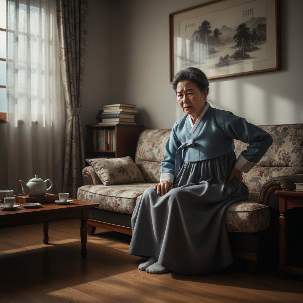 허리를 잡고 걱정하는 듯한 노인 여성, 골다공증보험의 필요성 허리를 잡고 걱정하는 듯한 노인 여성, 골다공증보험의 필요성