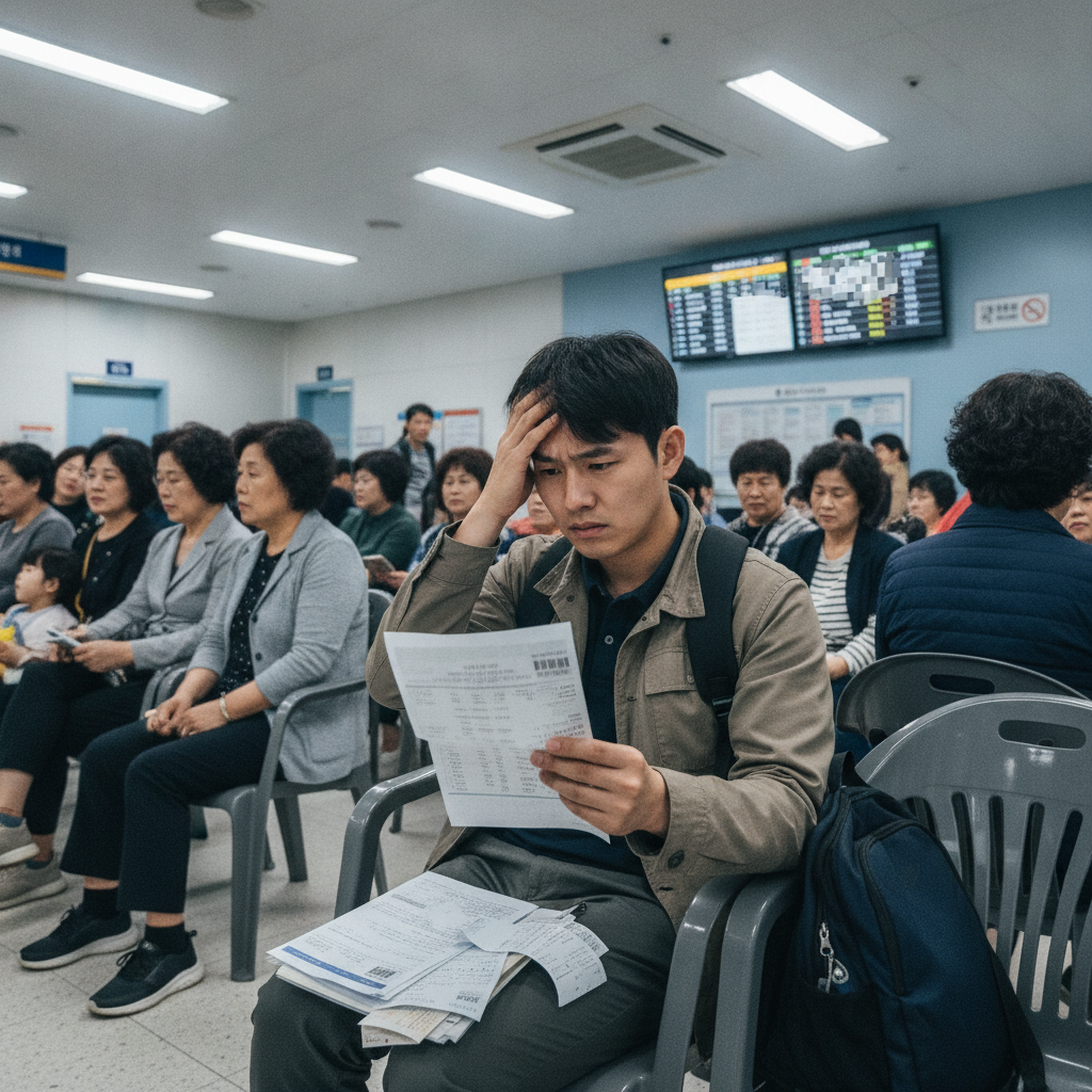 비싼 병원비 청구서를 보며 걱정하는 환자 비싼 병원비 청구서를 보며 걱정하는 환자