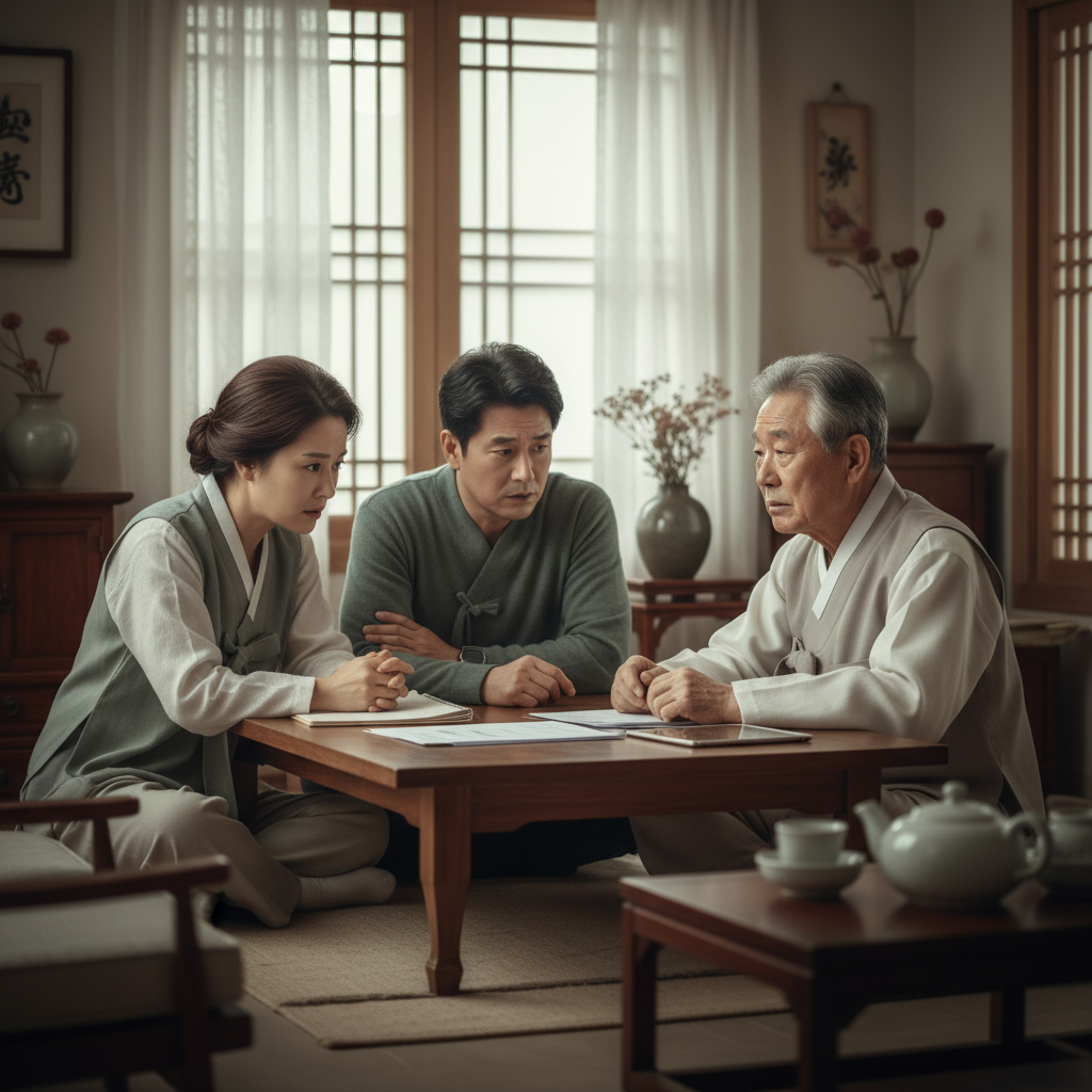치매 초기 부모님 간병 문제로 걱정하는 가족 모습 치매 초기 부모님 간병 문제로 걱정하는 가족 모습